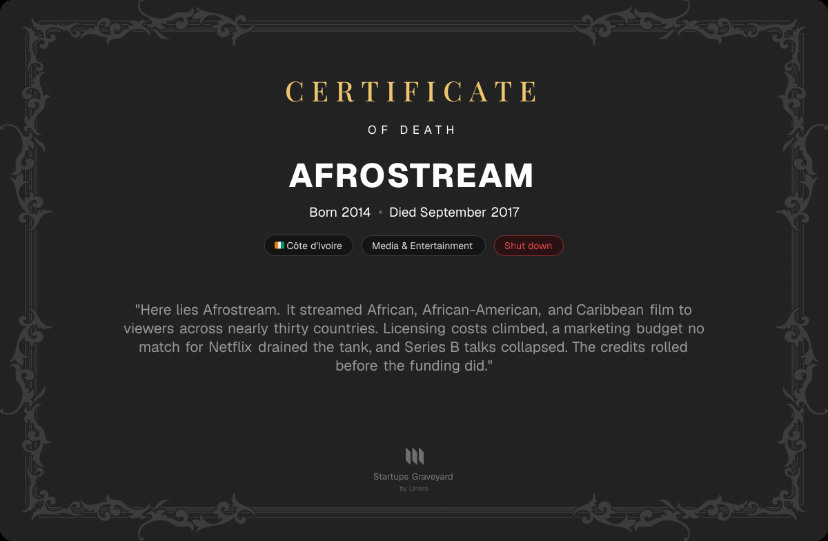 Death certificate for Afrostream