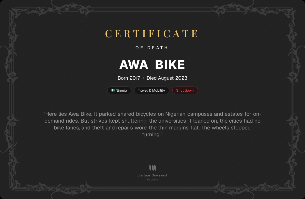 Death certificate for Awa Bike
