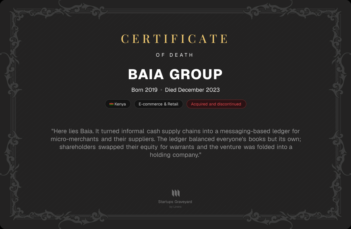 Death certificate for Baia Group