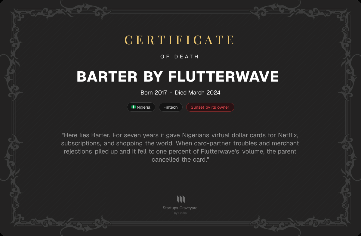 Death certificate for Barter by Flutterwave