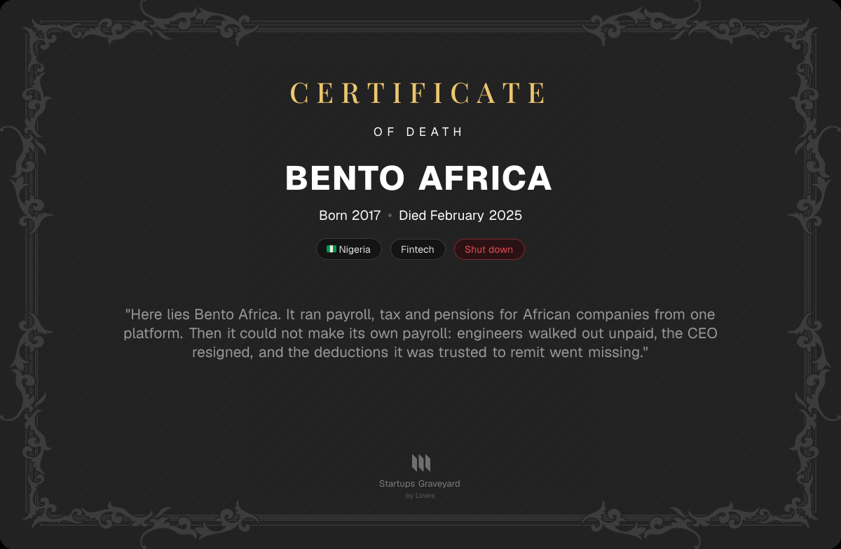 Death certificate for Bento Africa
