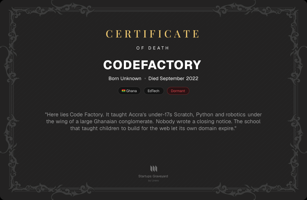 Death certificate for Codefactory