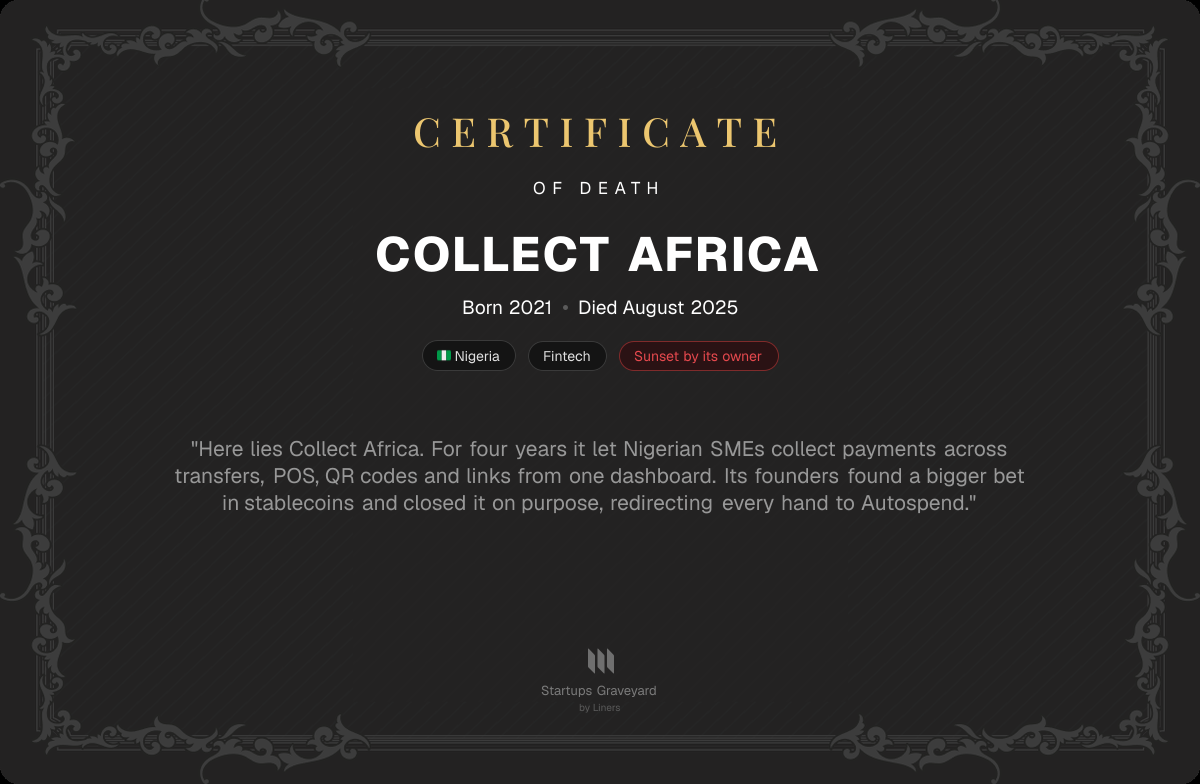 Death certificate for Collect Africa