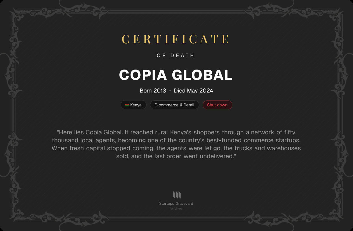 Death certificate for Copia Global
