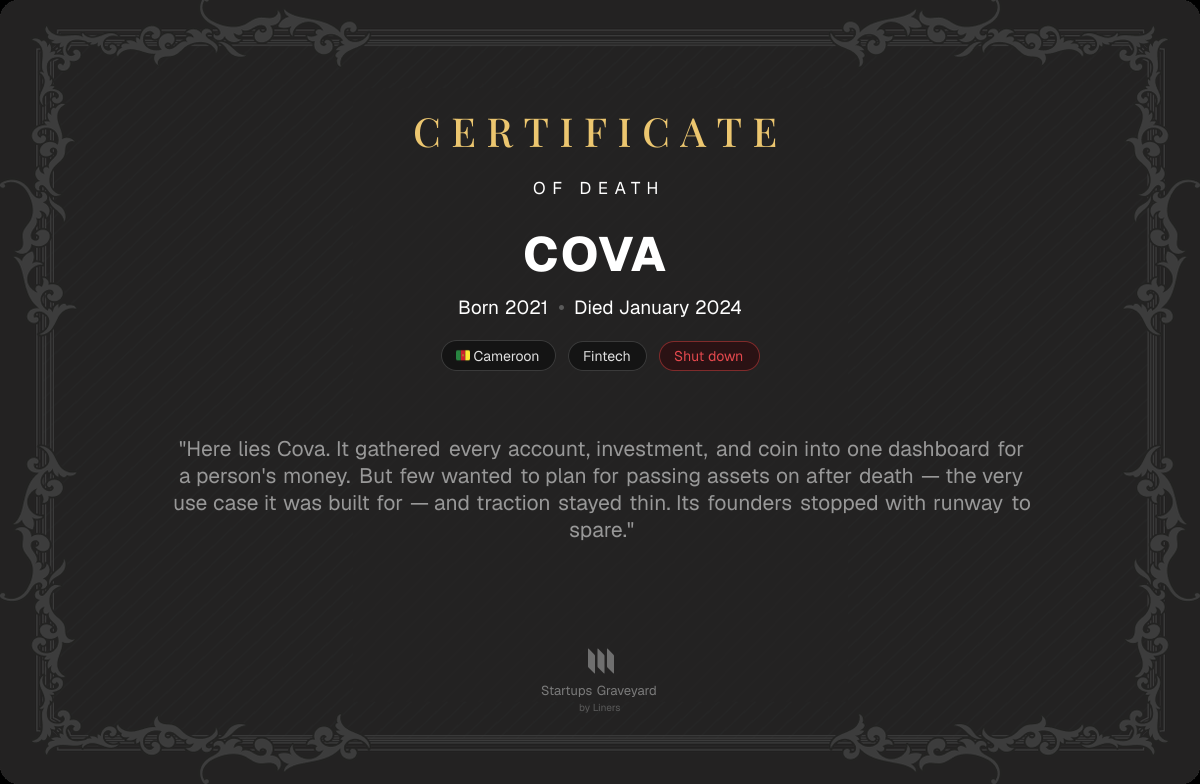 Death certificate for Cova