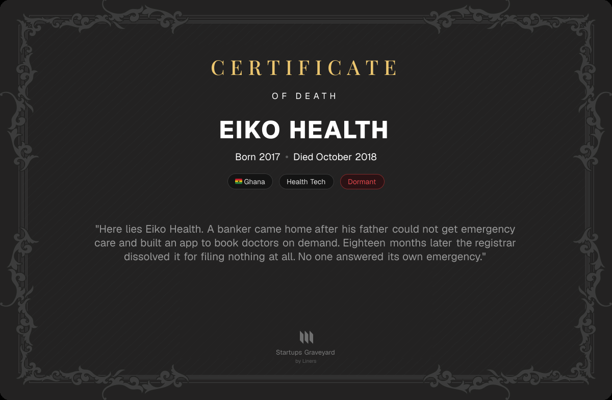 Death certificate for Eiko Health