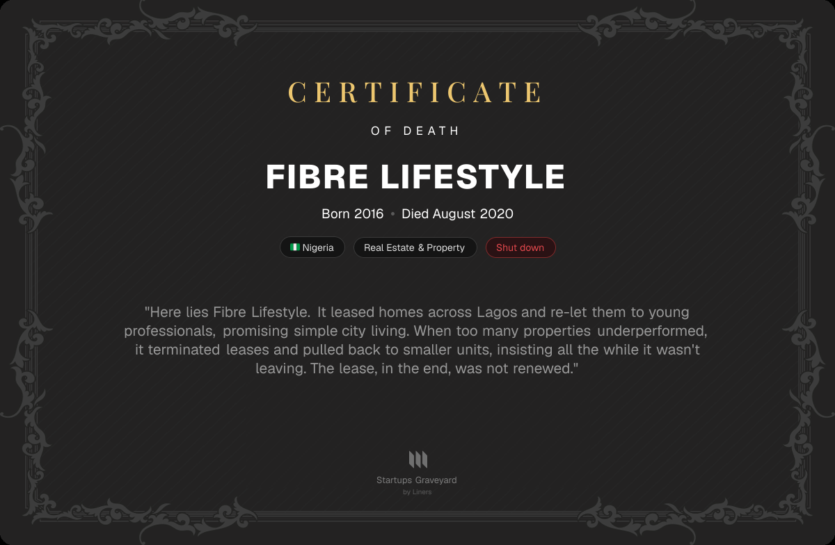 Death certificate for Fibre Lifestyle