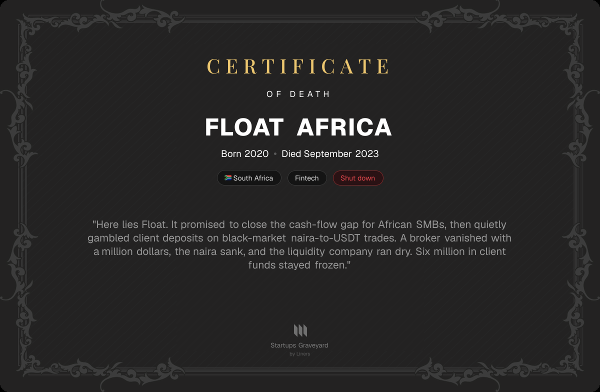 Death certificate for Float Africa