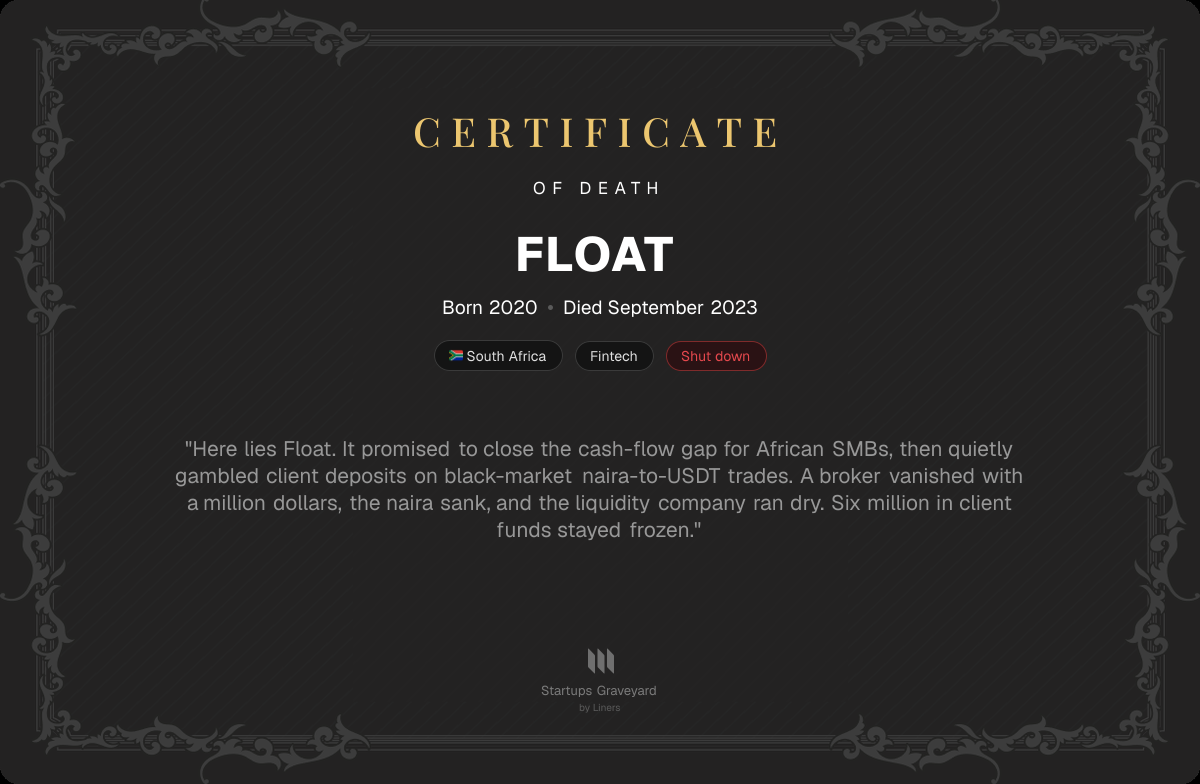 Death certificate for Float