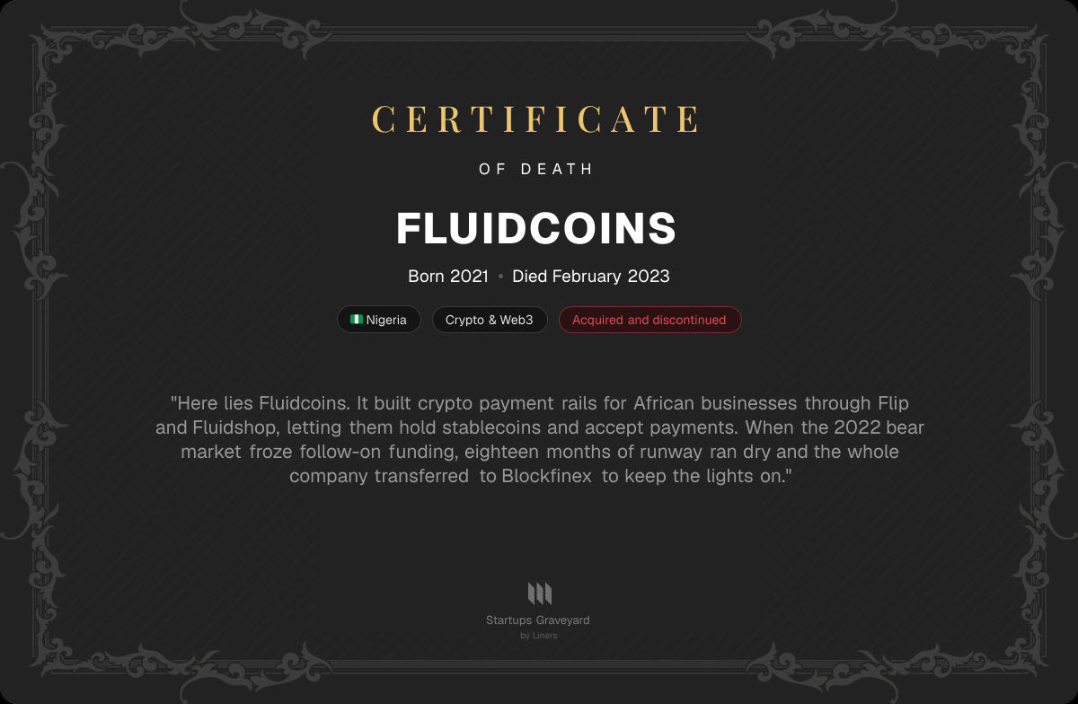 Death certificate for Fluidcoins