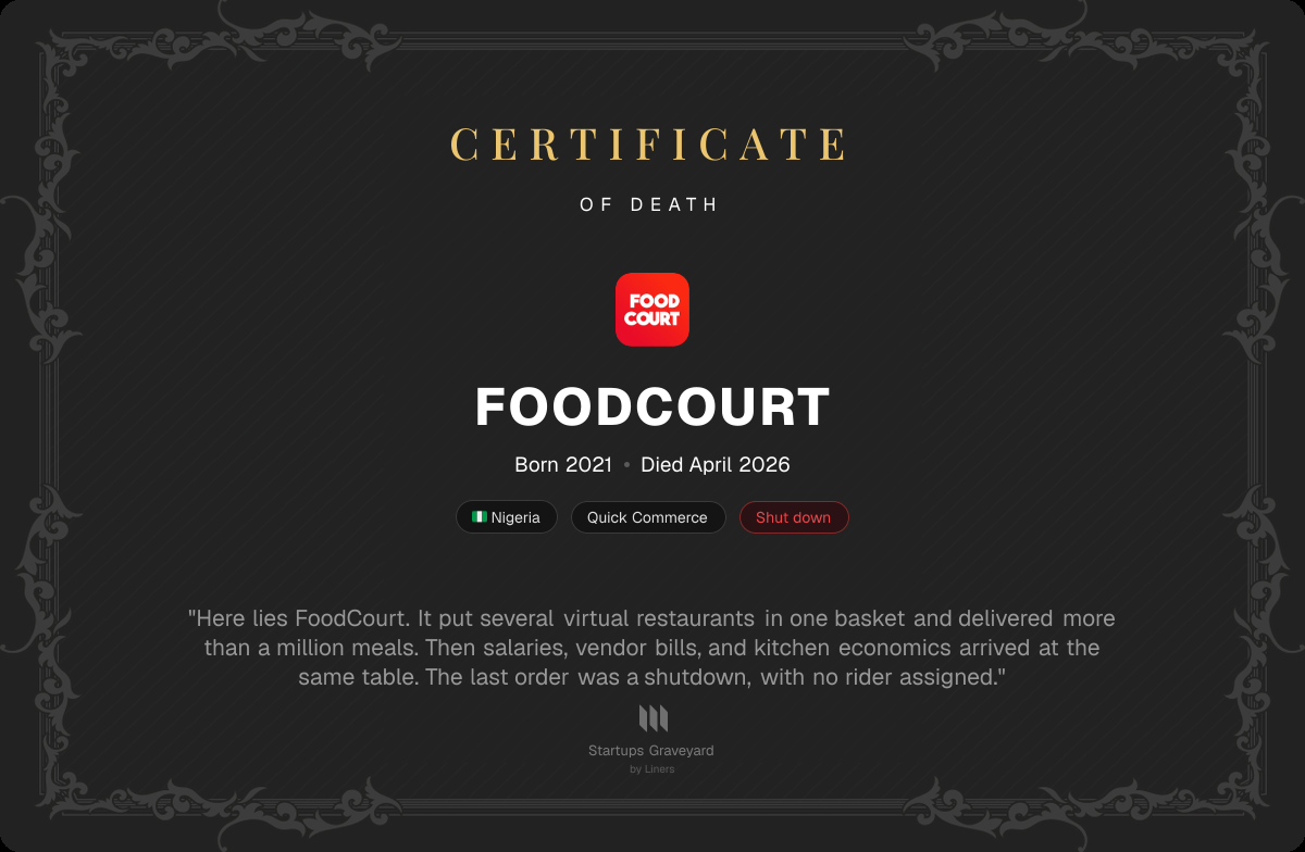Death certificate for FoodCourt