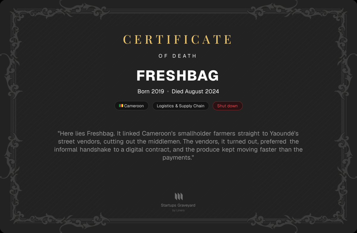 Death certificate for Freshbag