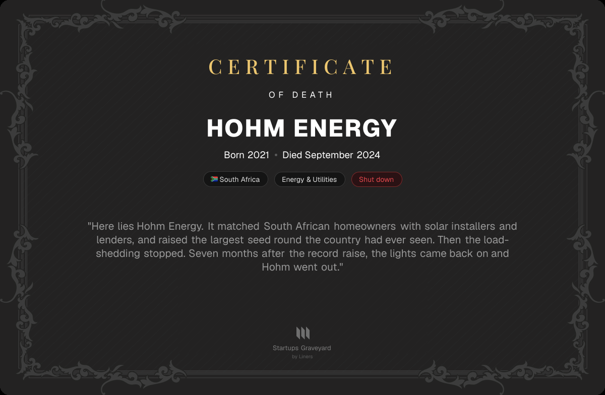 Death certificate for Hohm Energy