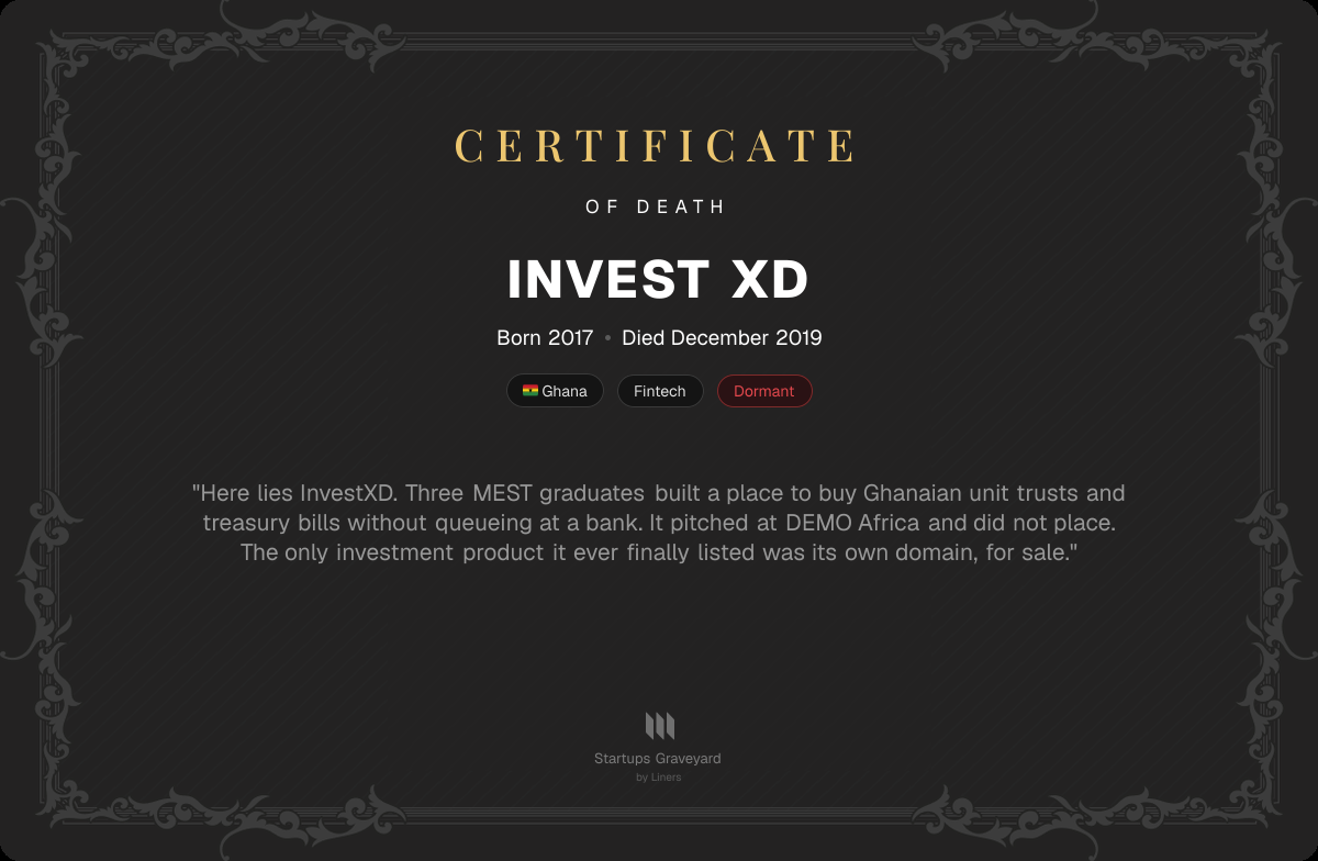 Death certificate for Invest XD