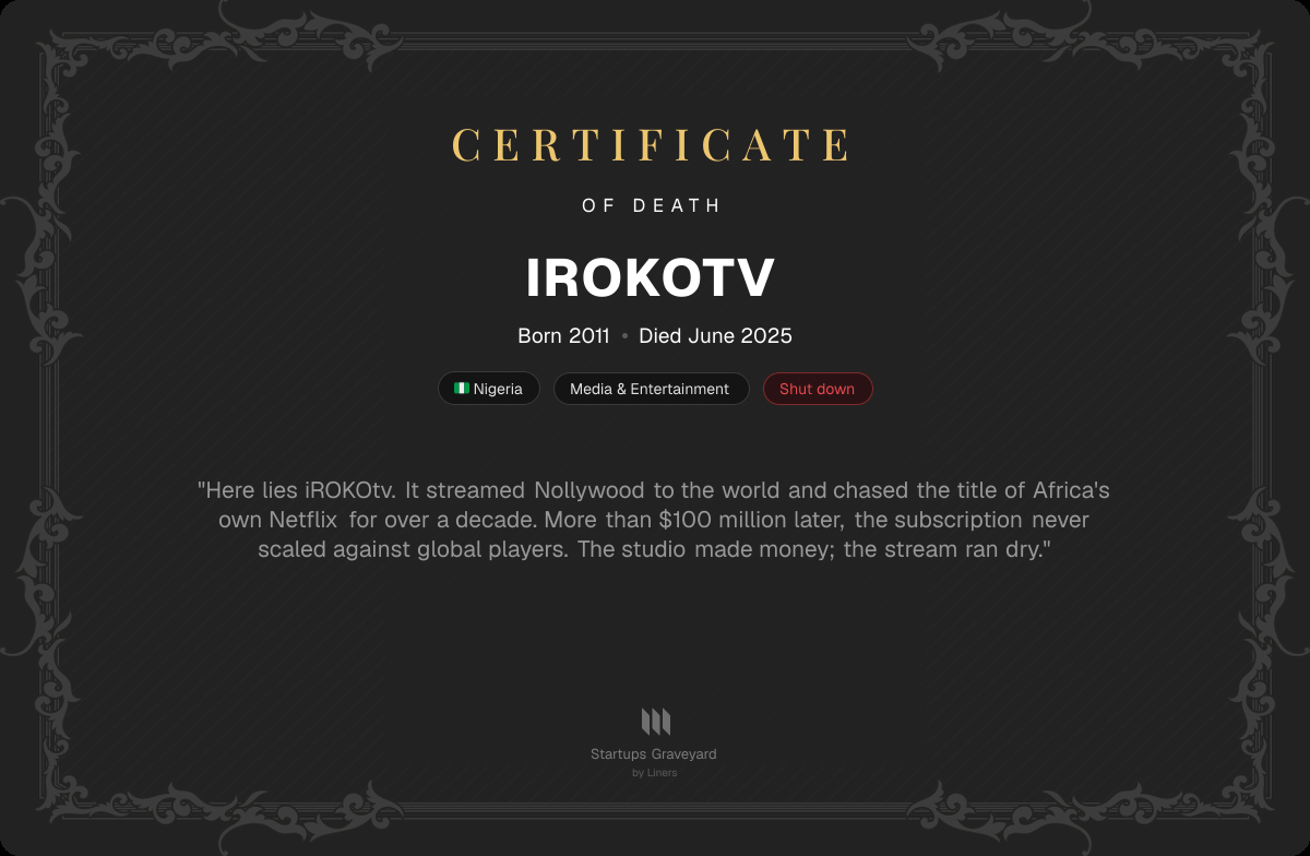 Death certificate for iROKOtv