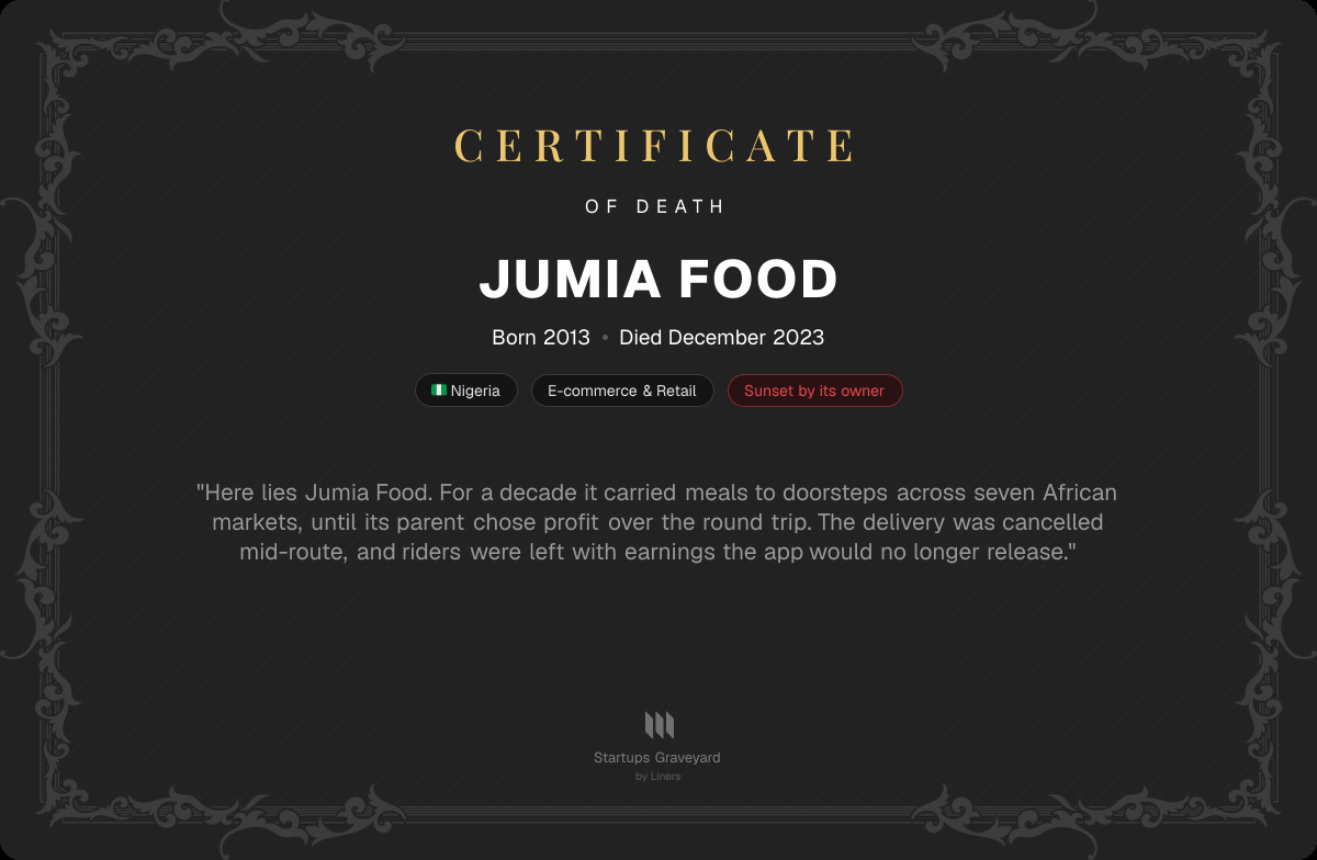 Death certificate for Jumia Food