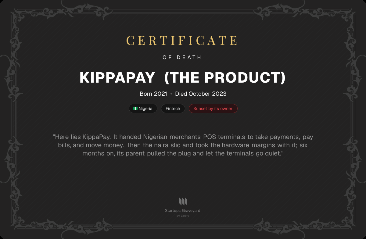 Death certificate for KippaPay (The Product)
