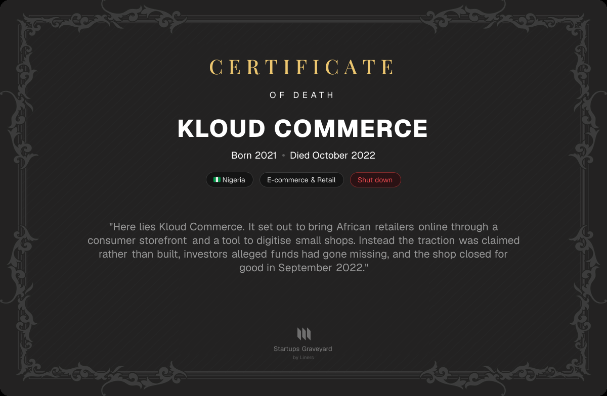 Death certificate for Kloud Commerce