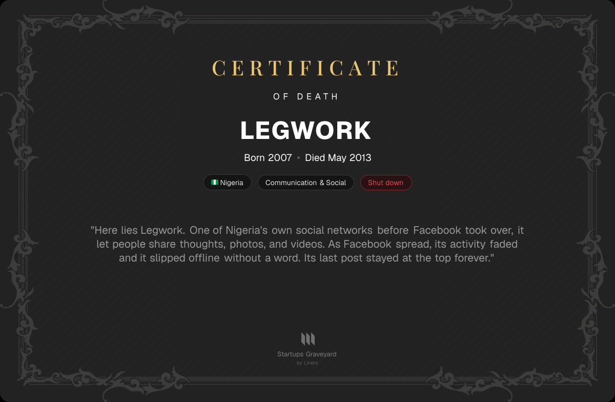 Death certificate for Legwork