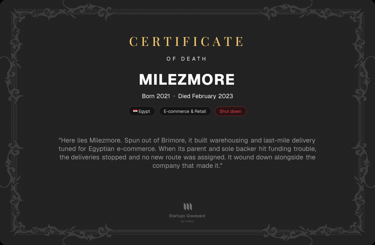 Death certificate for Milezmore