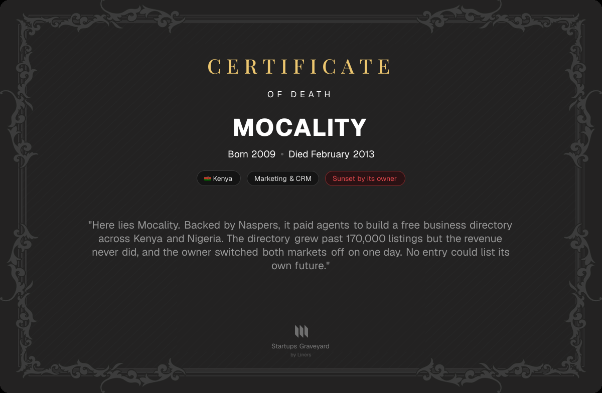Death certificate for Mocality