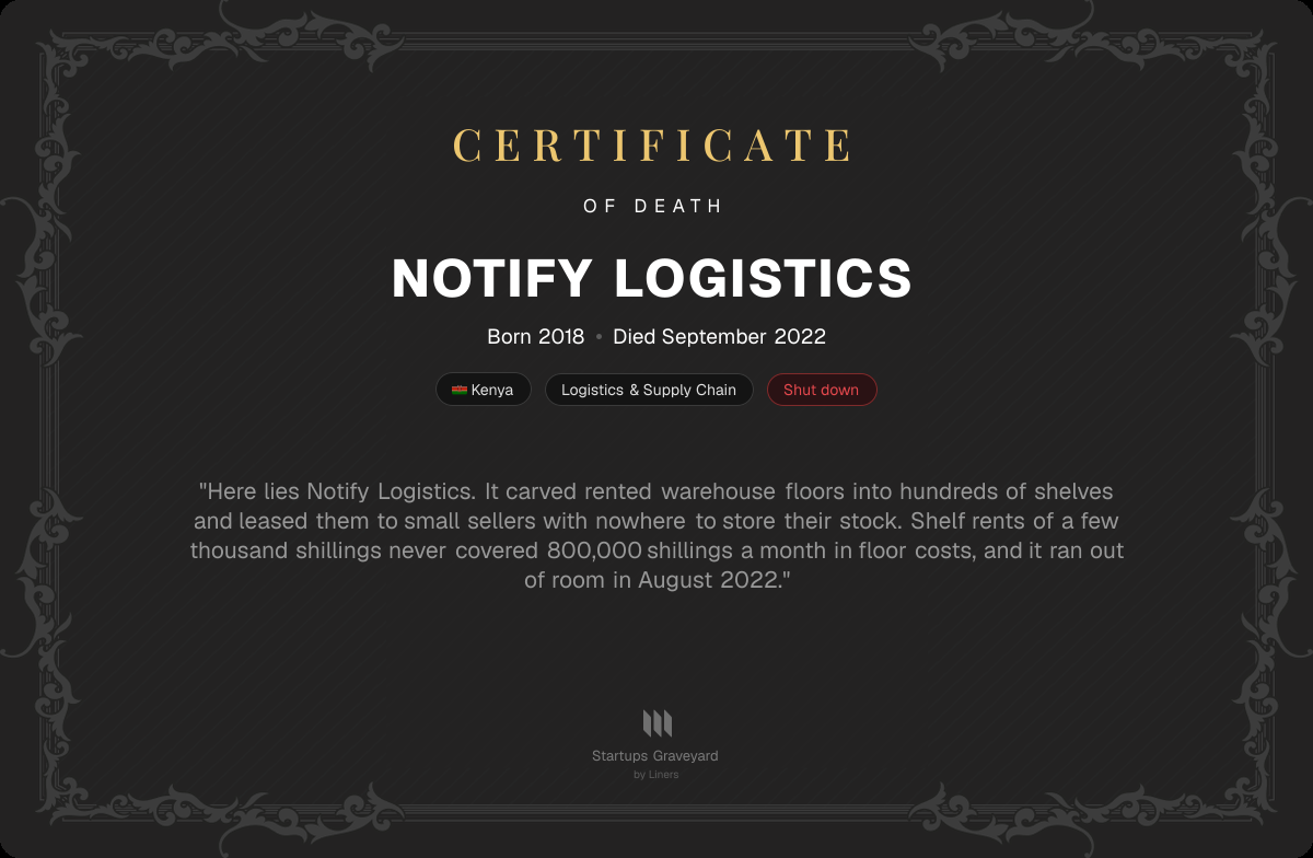 Death certificate for Notify Logistics