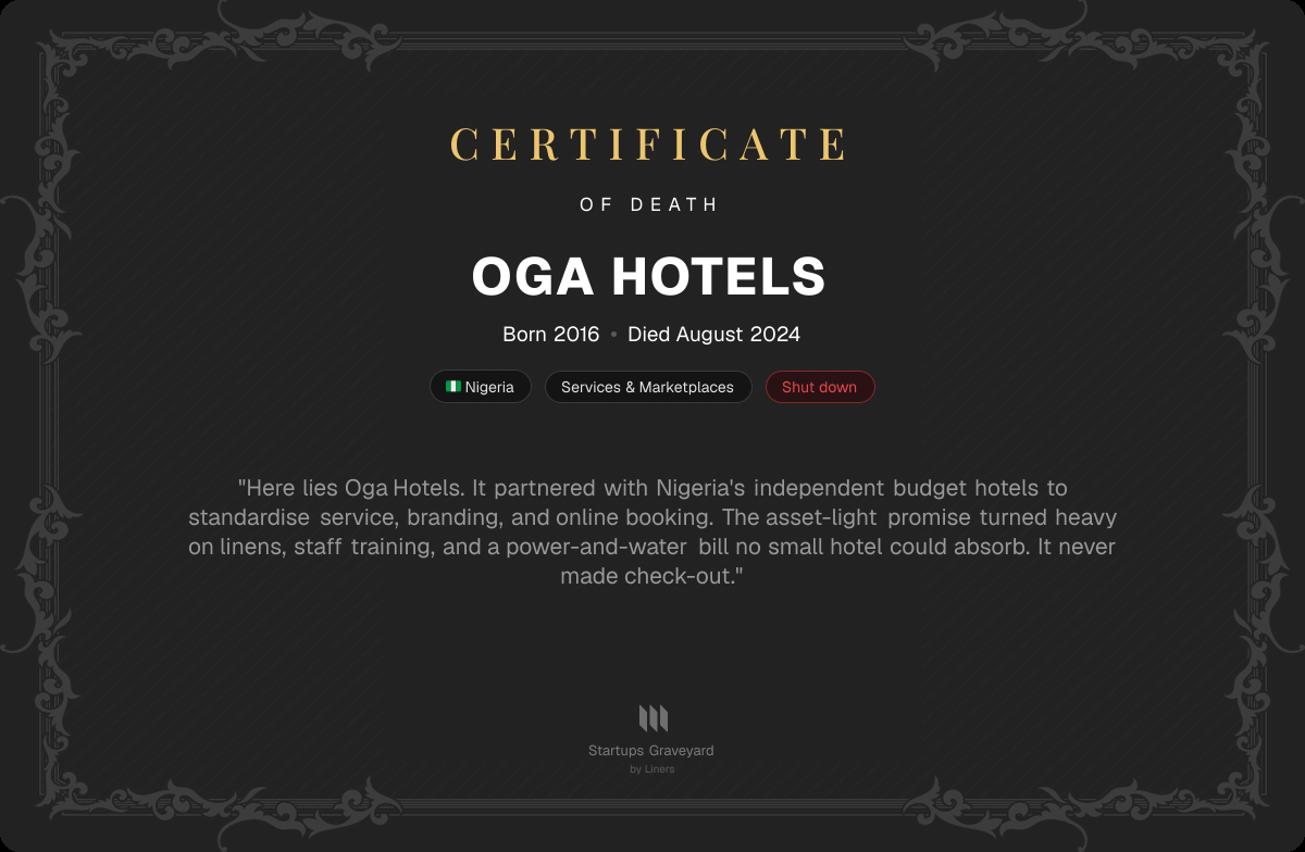 Death certificate for Oga Hotels
