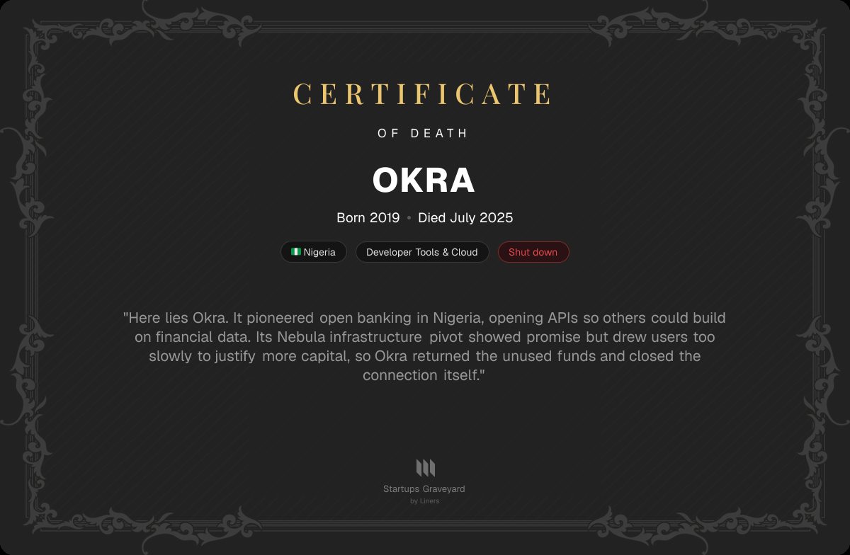 Death certificate for Okra