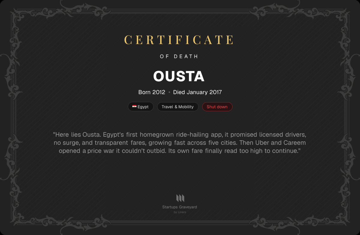 Death certificate for Ousta