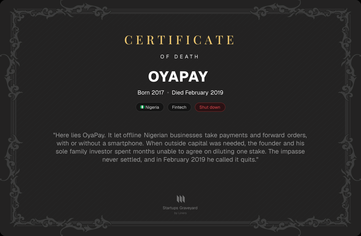 Death certificate for OyaPay