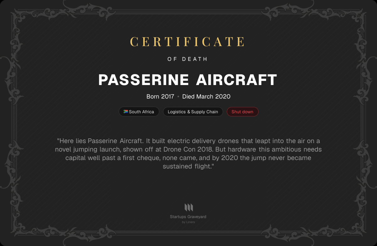 Death certificate for Passerine Aircraft