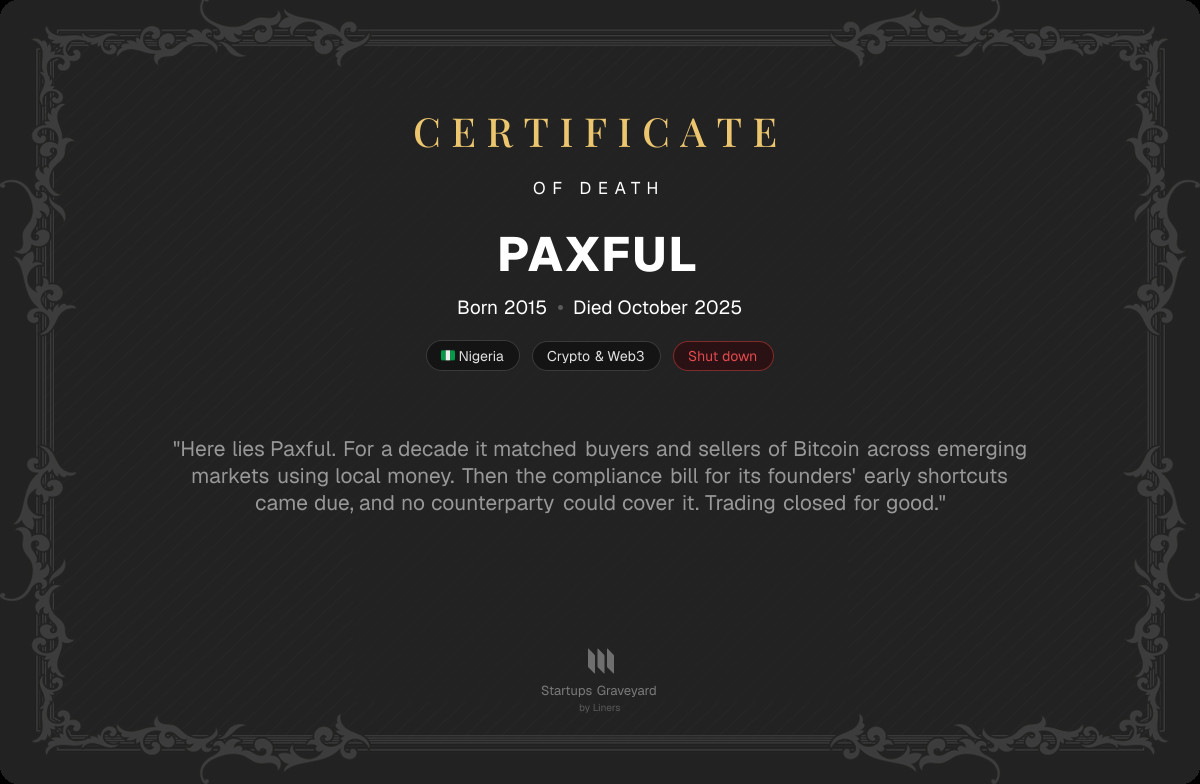 Death certificate for Paxful