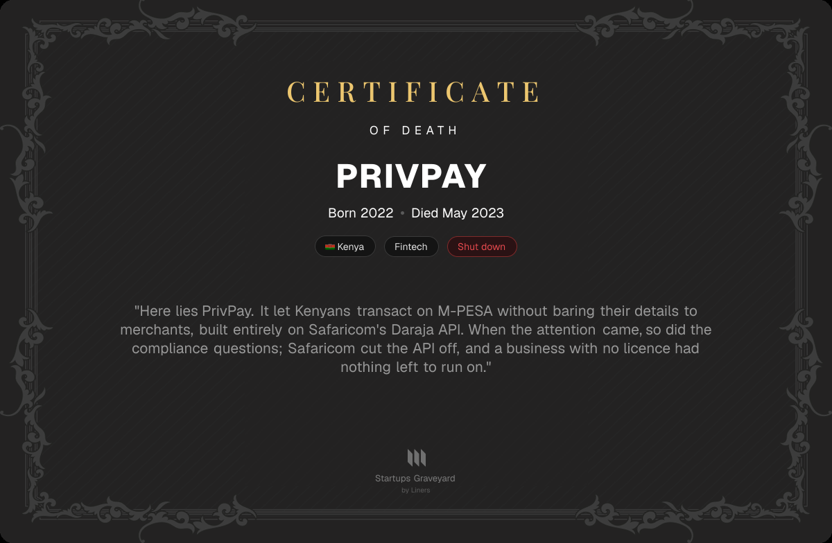 Death certificate for PrivPay