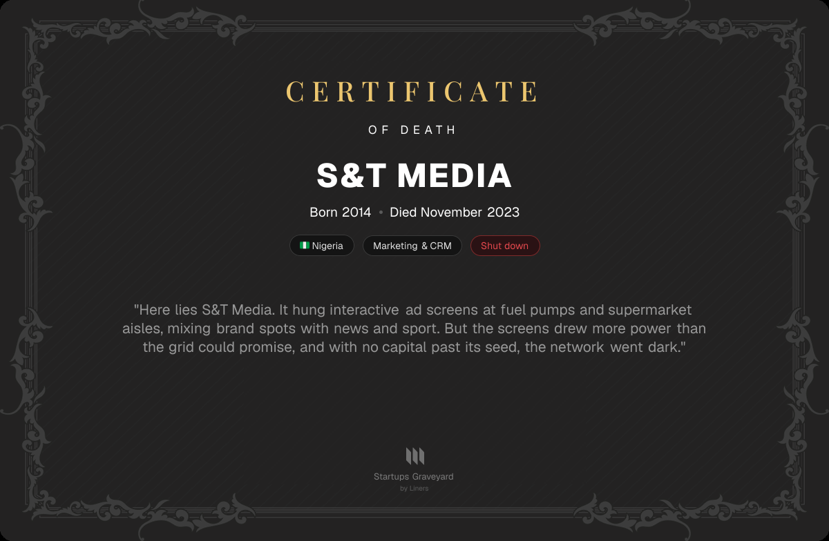 Death certificate for S&T Media