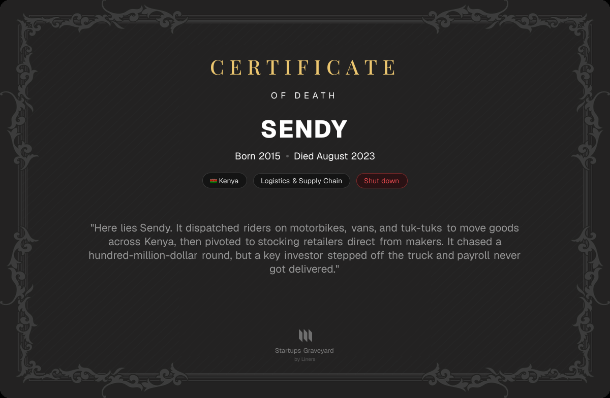 Death certificate for Sendy