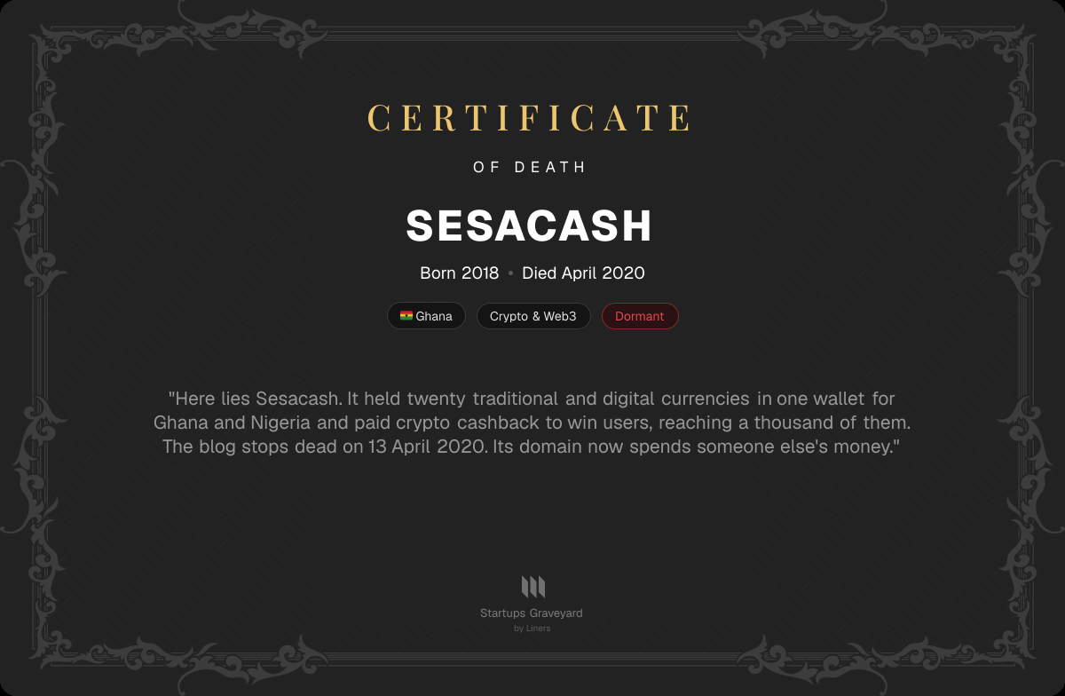 Death certificate for Sesacash
