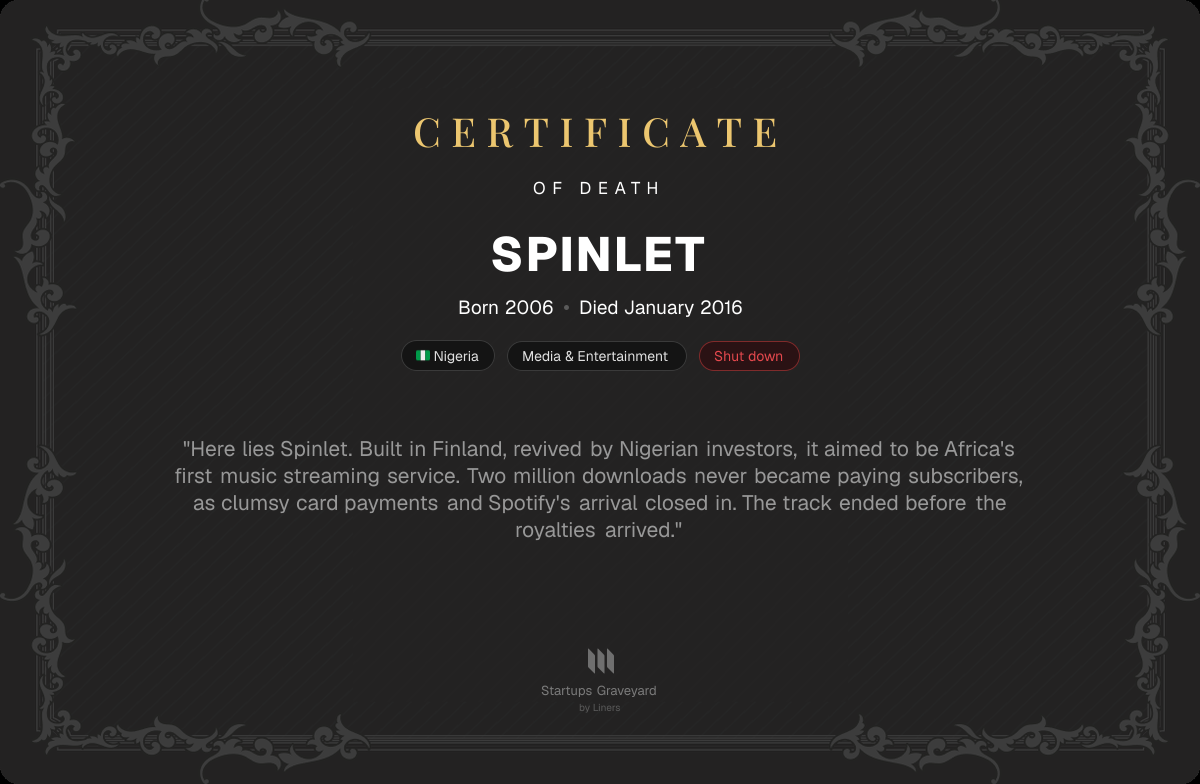 Death certificate for Spinlet