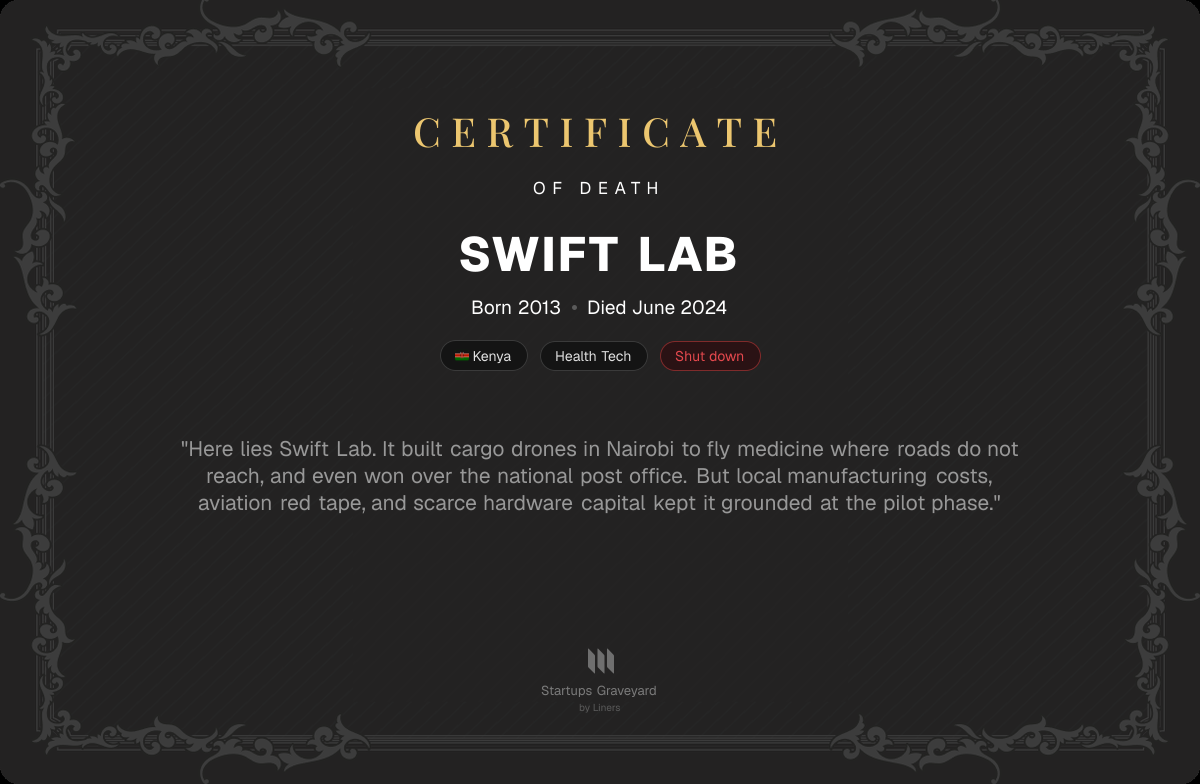 Death certificate for Swift Lab