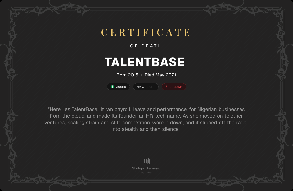 Death certificate for TalentBase