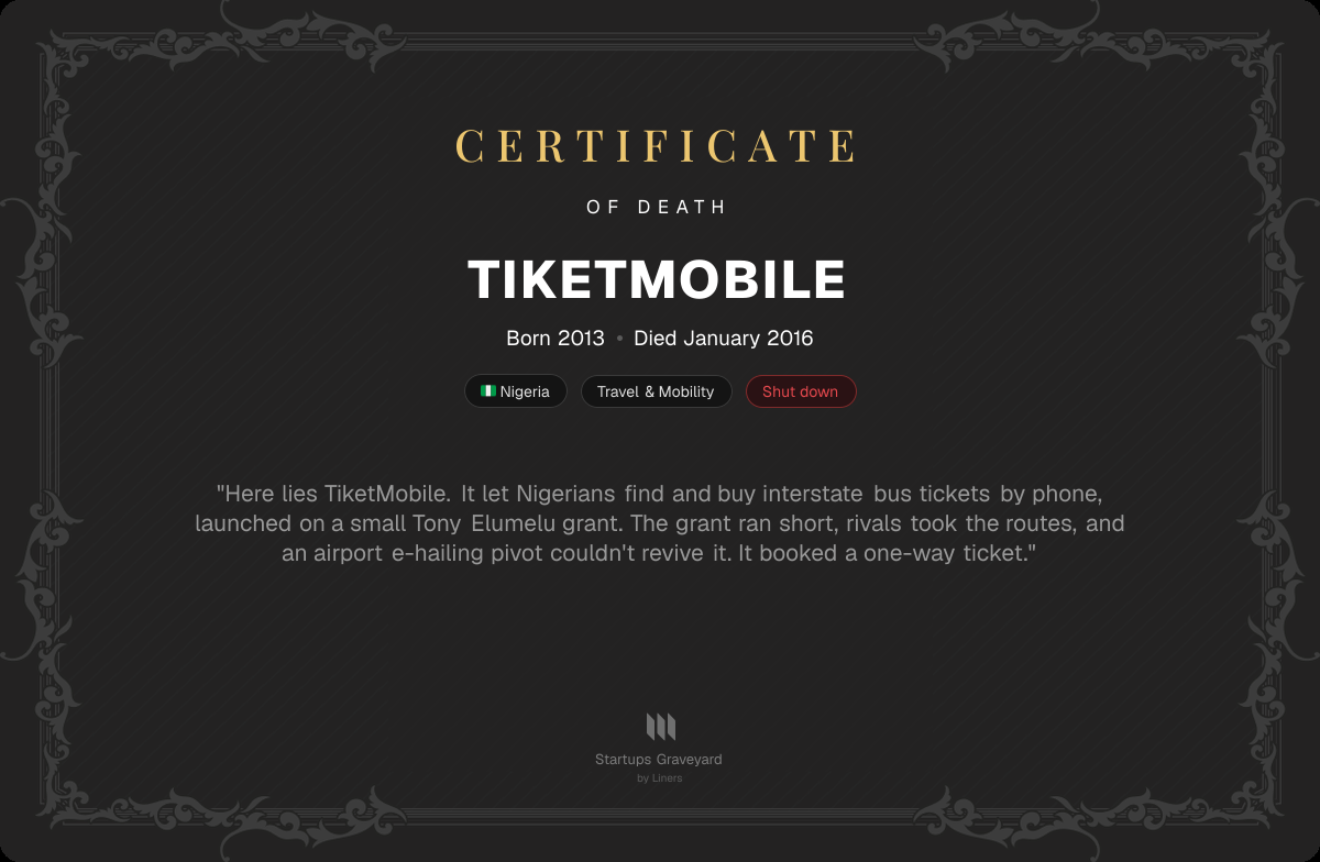 Death certificate for TiketMobile