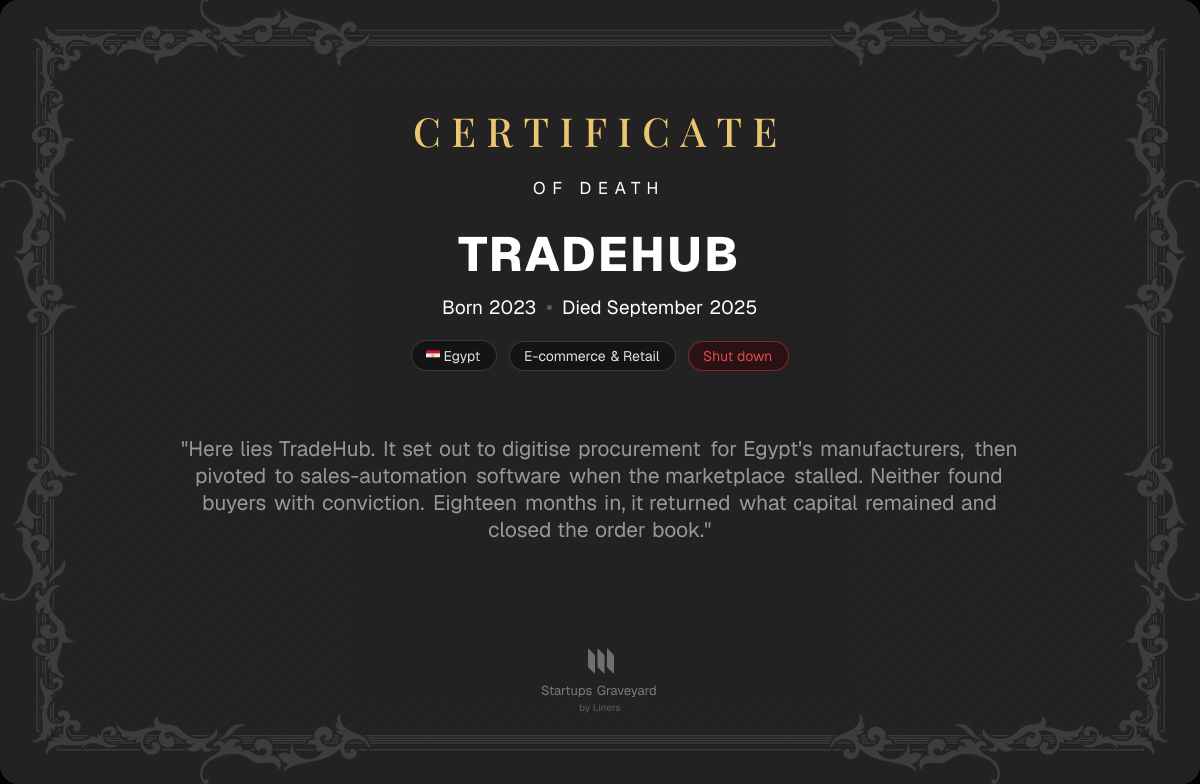 Death certificate for TradeHub