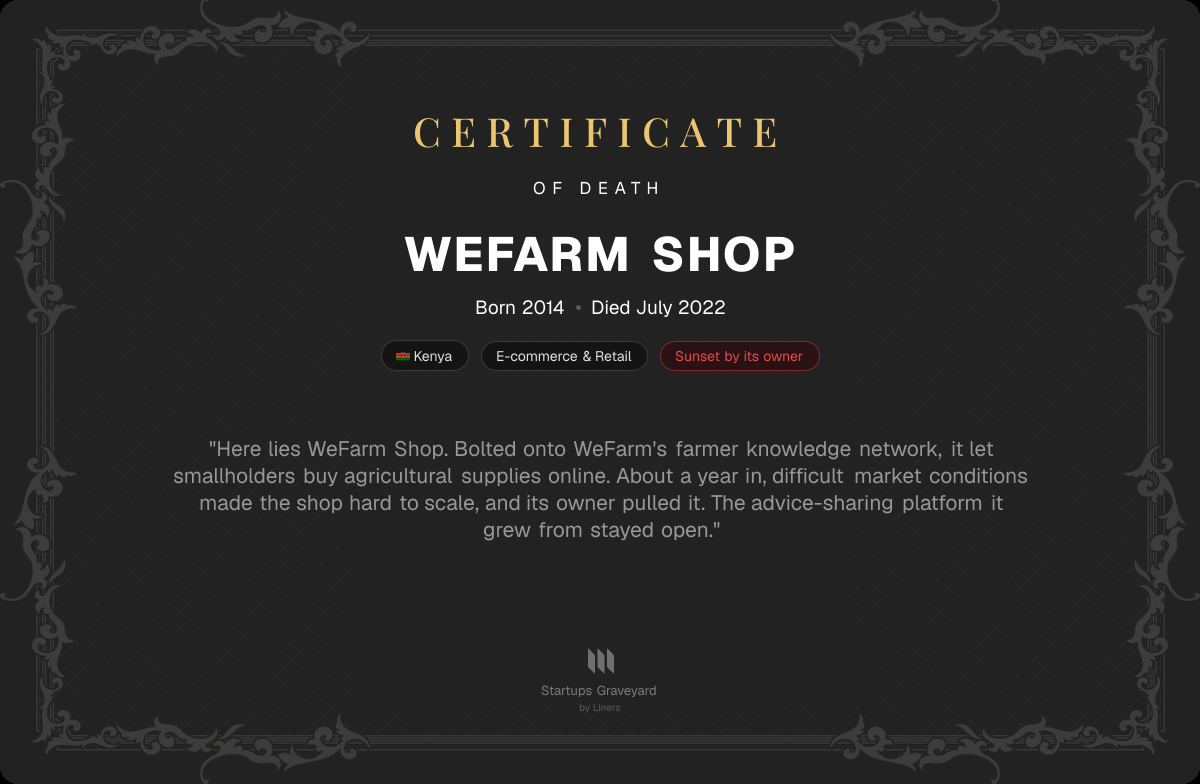 Death certificate for WeFarm Shop