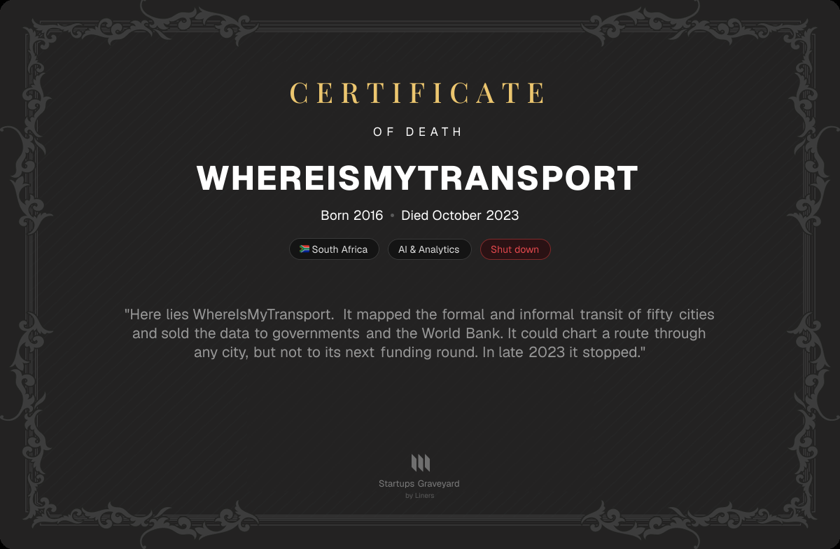 Death certificate for WhereIsMyTransport