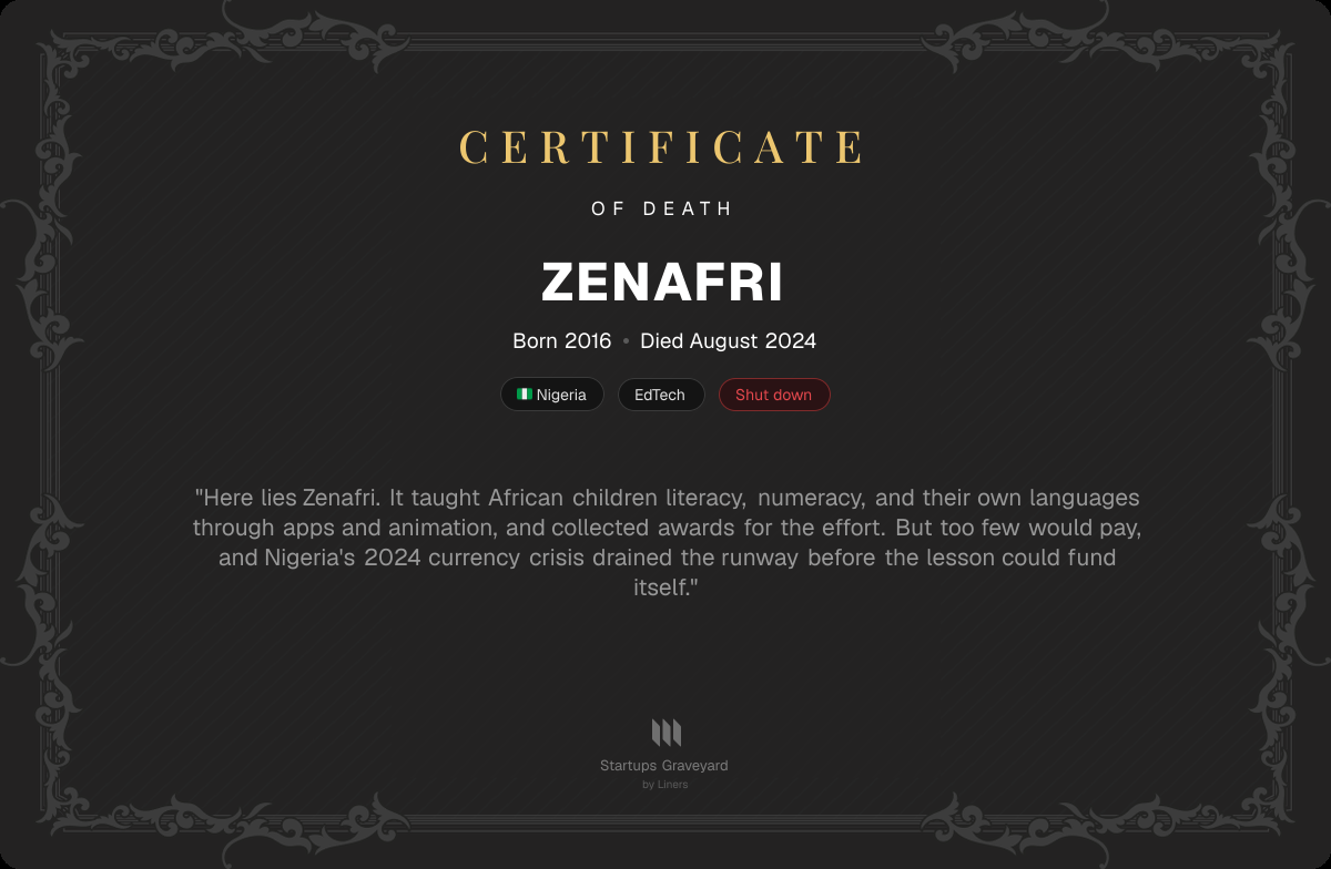 Death certificate for Zenafri